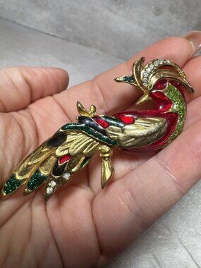 Phoenix Bird Brooch Gold Tone Red Green Enamel Rhinestone Pin – 3” Tall